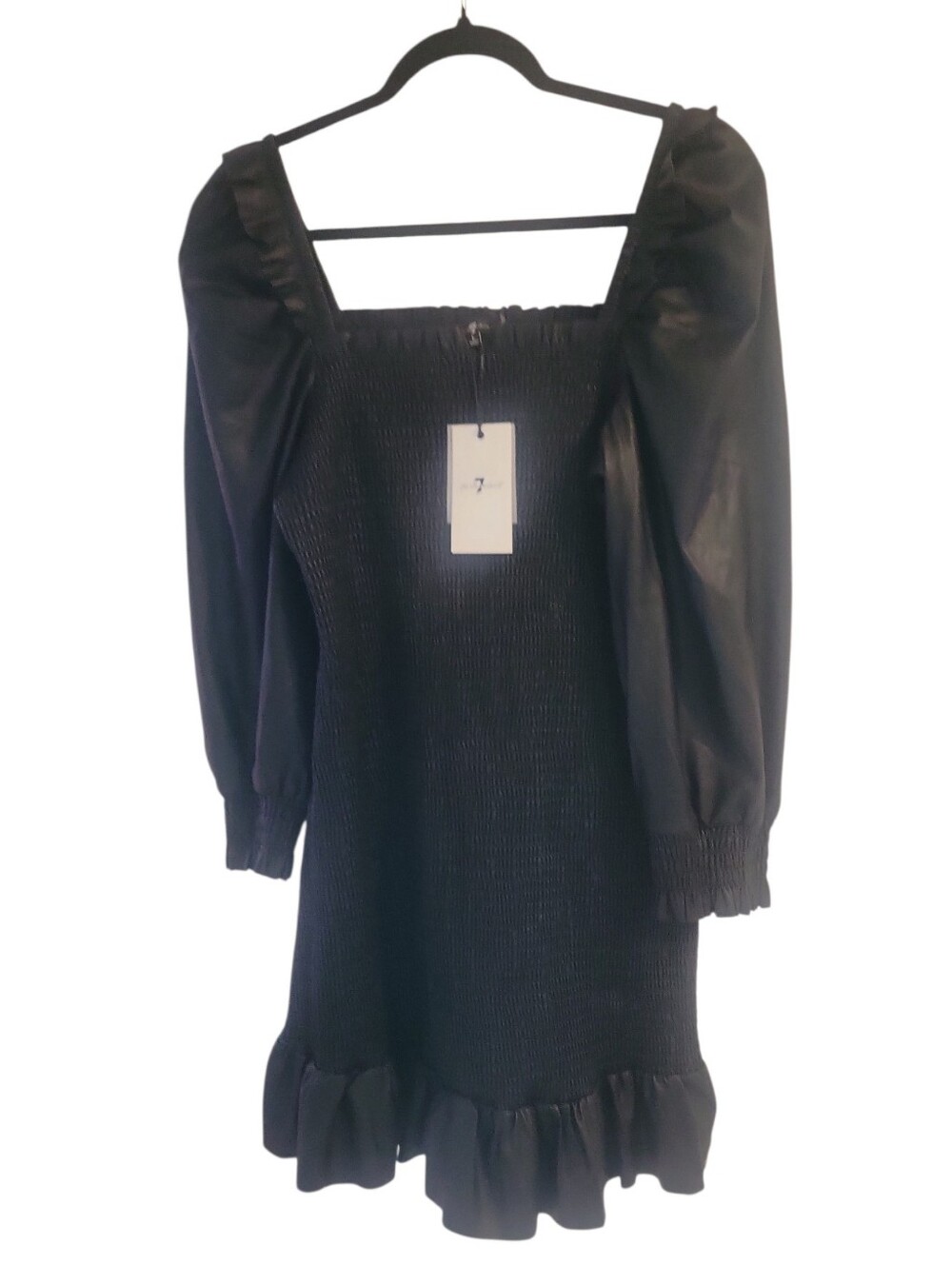 7 For All Mankind Black Smocked Faux Leather Long Puff-Sleeve Mini Dress L